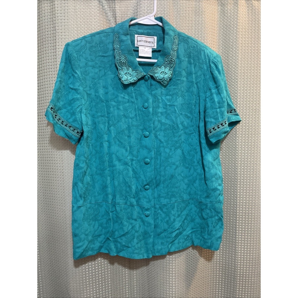 Karen Steven's Green Jade Floral Damask Blouse Size 12